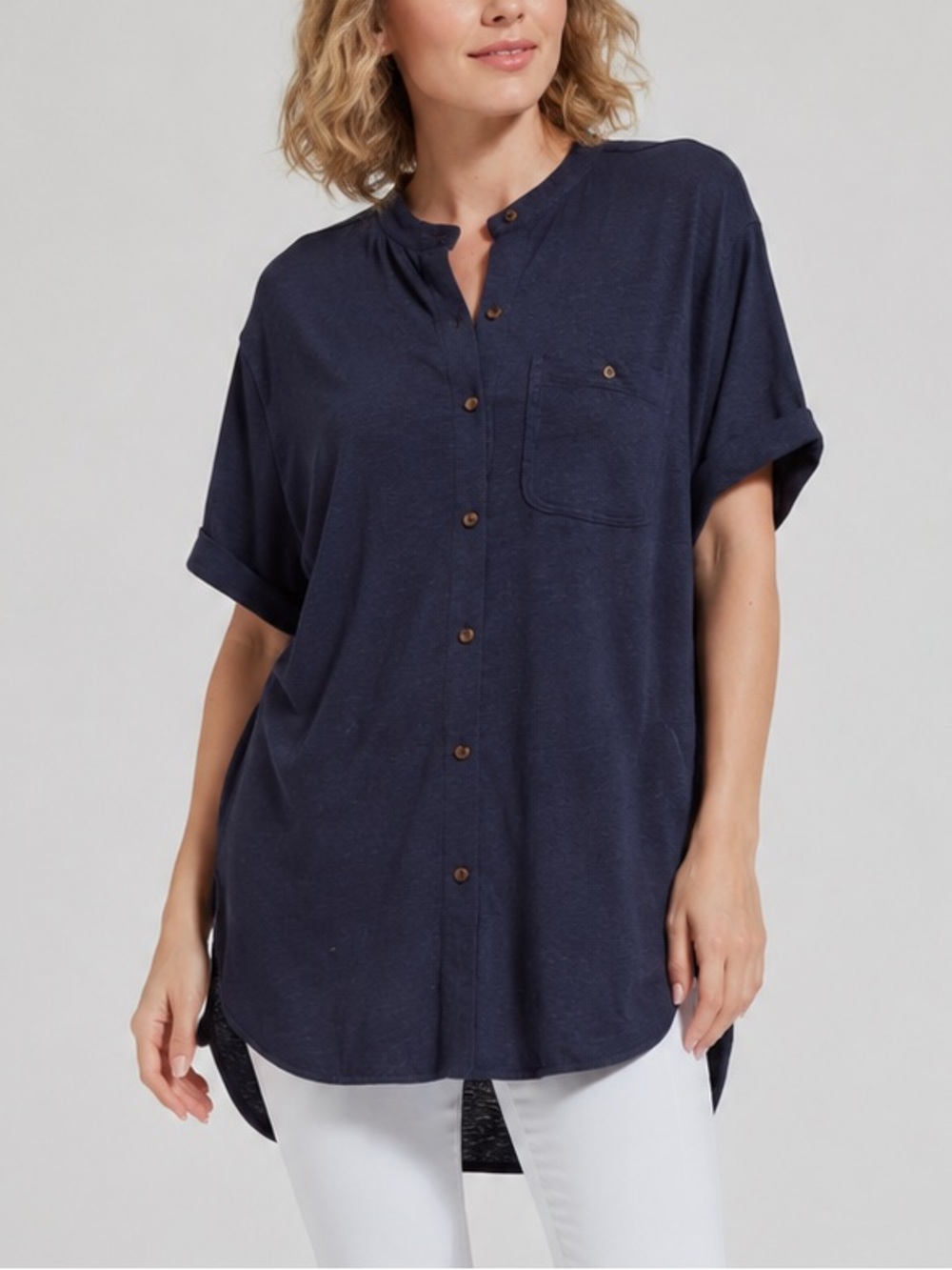 🆕🫐 LYSSE New York Navy Stretch Linen Oversized Button-Down Shirt XS Casual